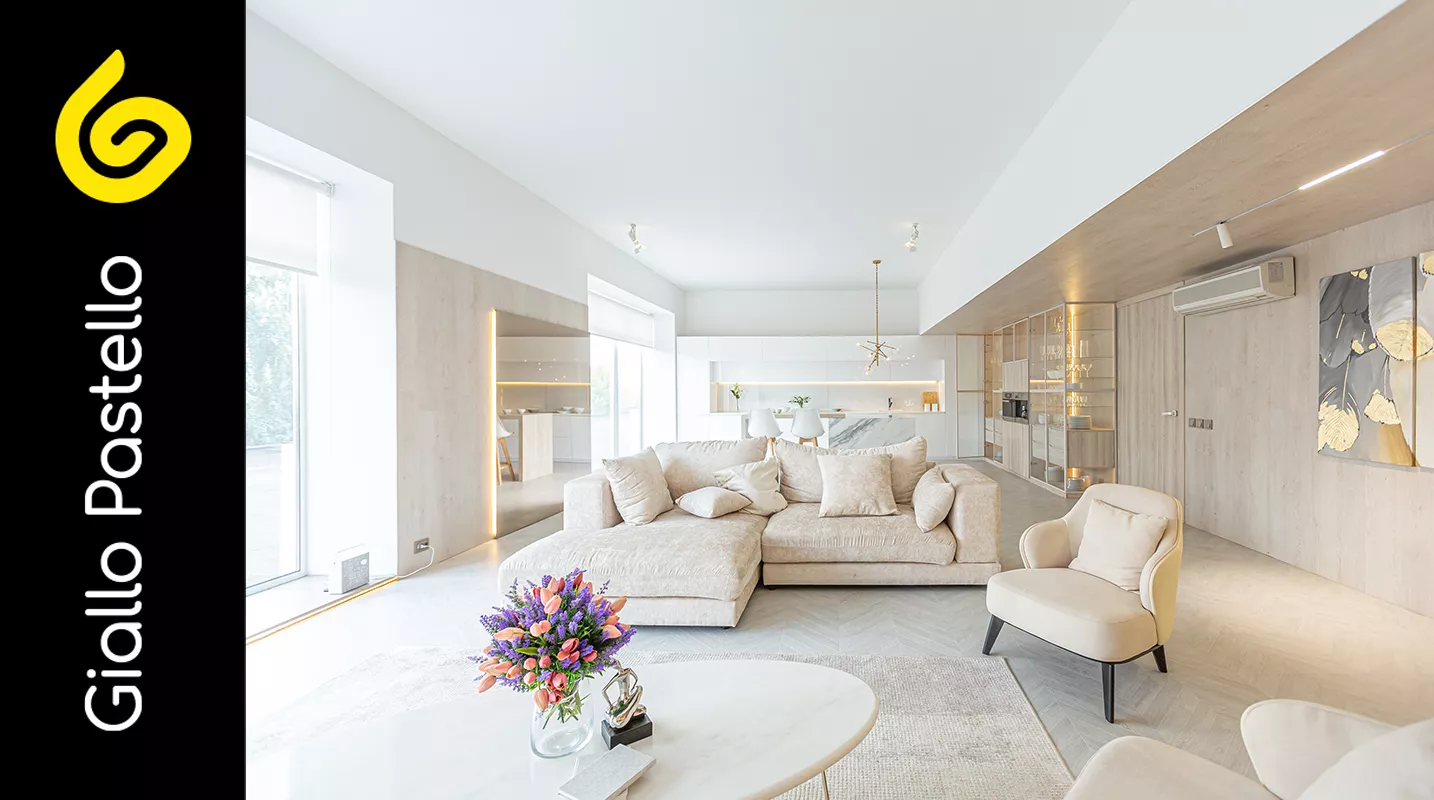 Arredamento soggiorno in stile scandinavo chiaro - Arredamento Scandinavo - Interior Design Brescia Giallo Pastello