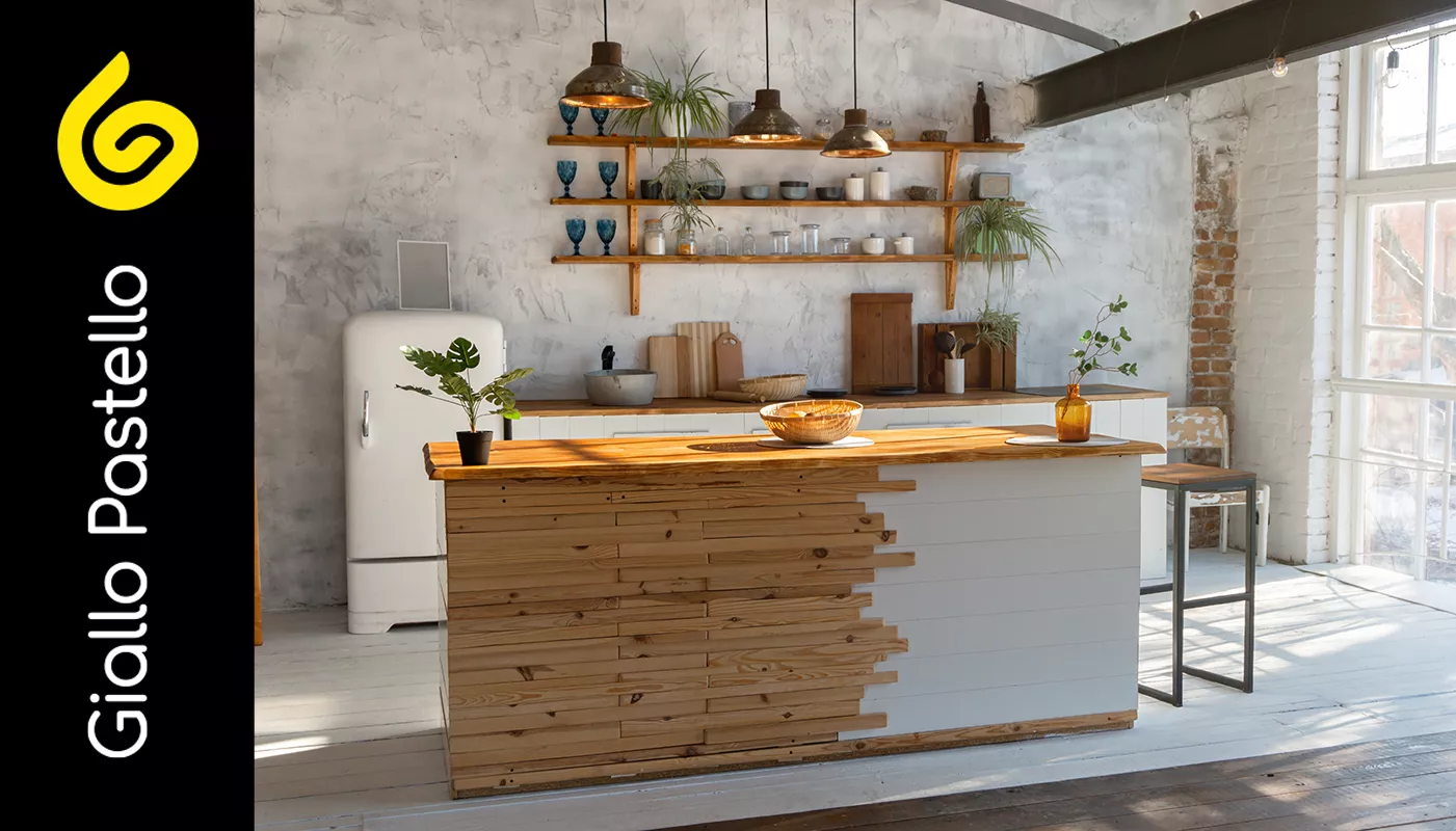 Cucina bianca con legno - Arredamento Scandinavo - Interior Design Brescia Giallo Pastello