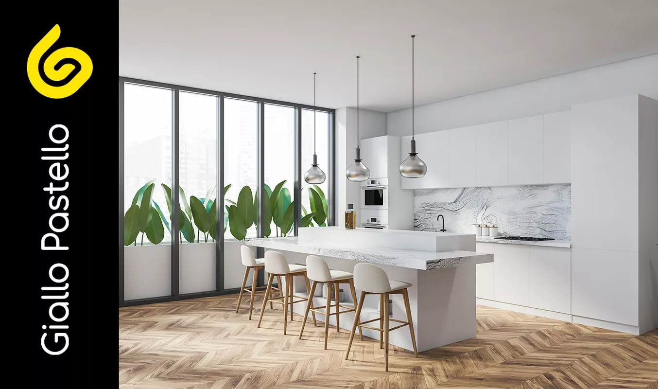 Cucina con legno e marmo - Arredamento Scandinavo - Interior Design Brescia Giallo Pastello