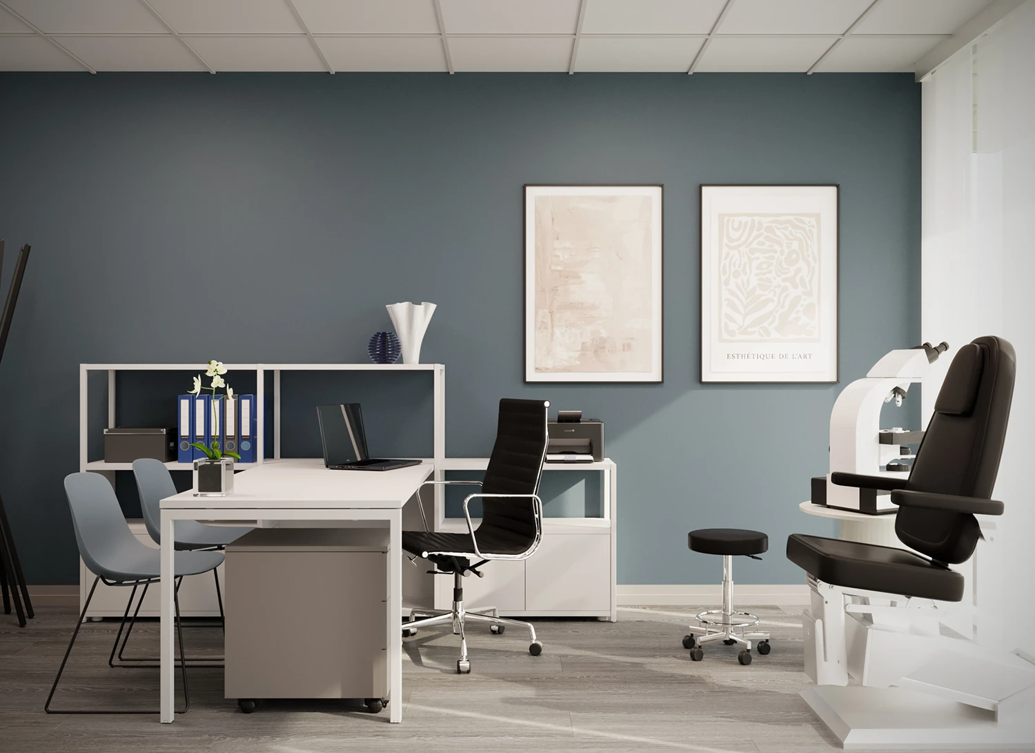 Studio con lettino reclinabile e parete blu ad arco - Arredamento studio medico - Giallo Pastello Interior Design