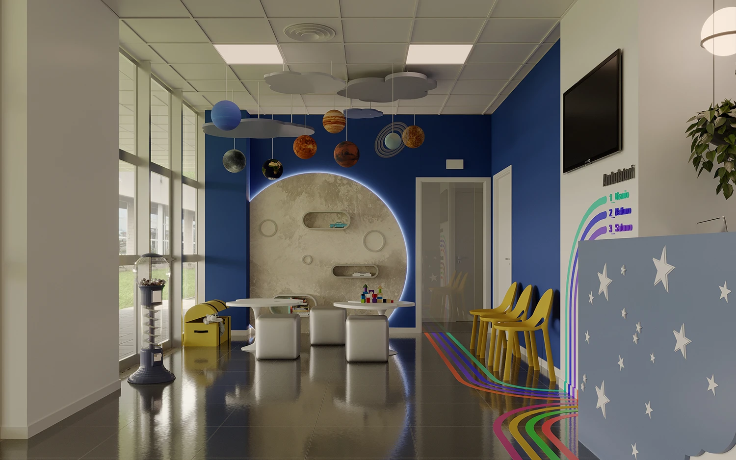 Sala d'attesa per bambini con accoglienza anche per genitori - Arredamento studio medico - Giallo Pastello Interior Design