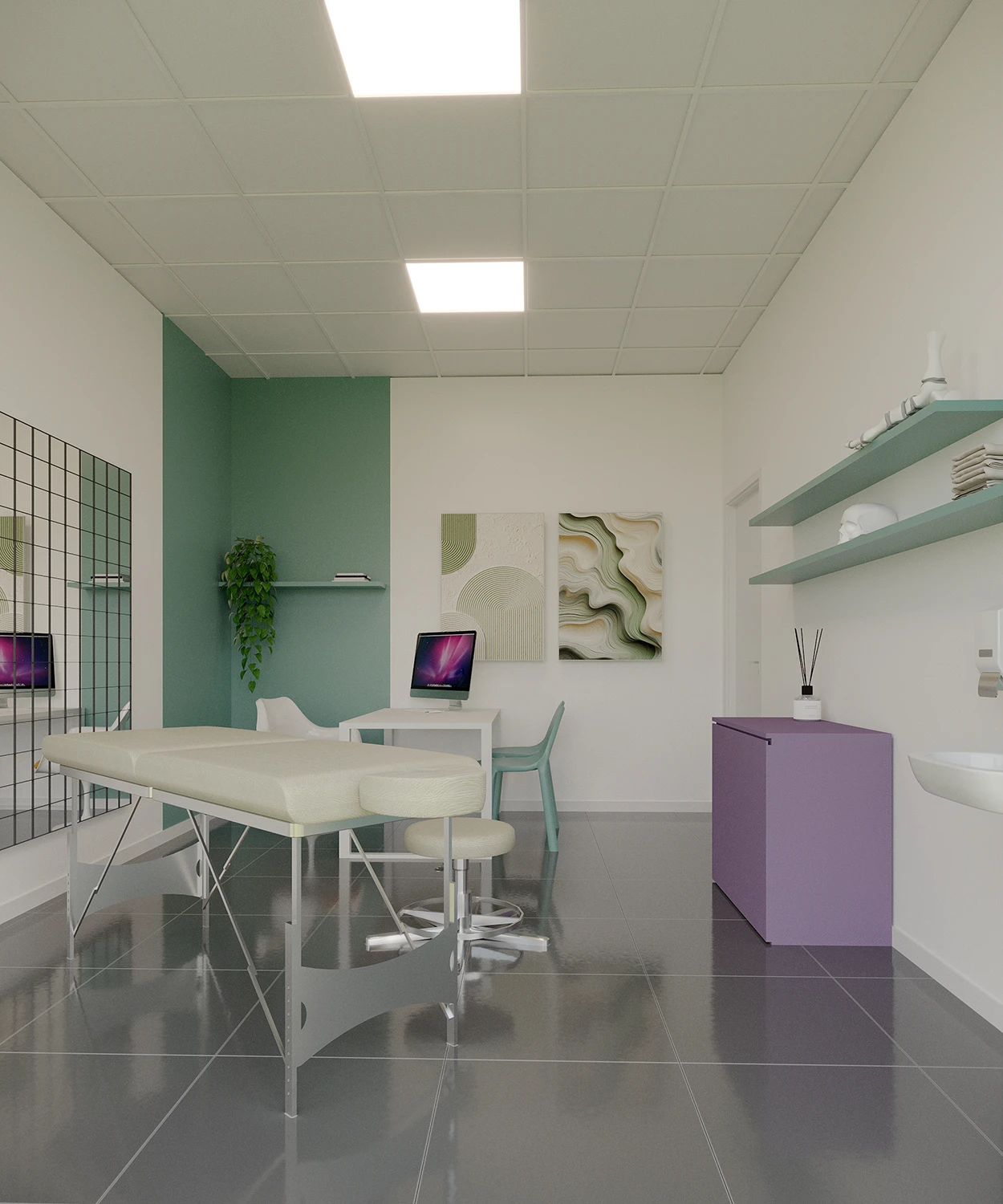 Studio con scrivania bianca, poltrona nera e quadri - Arredamento studio medico - Giallo Pastello Interior Design