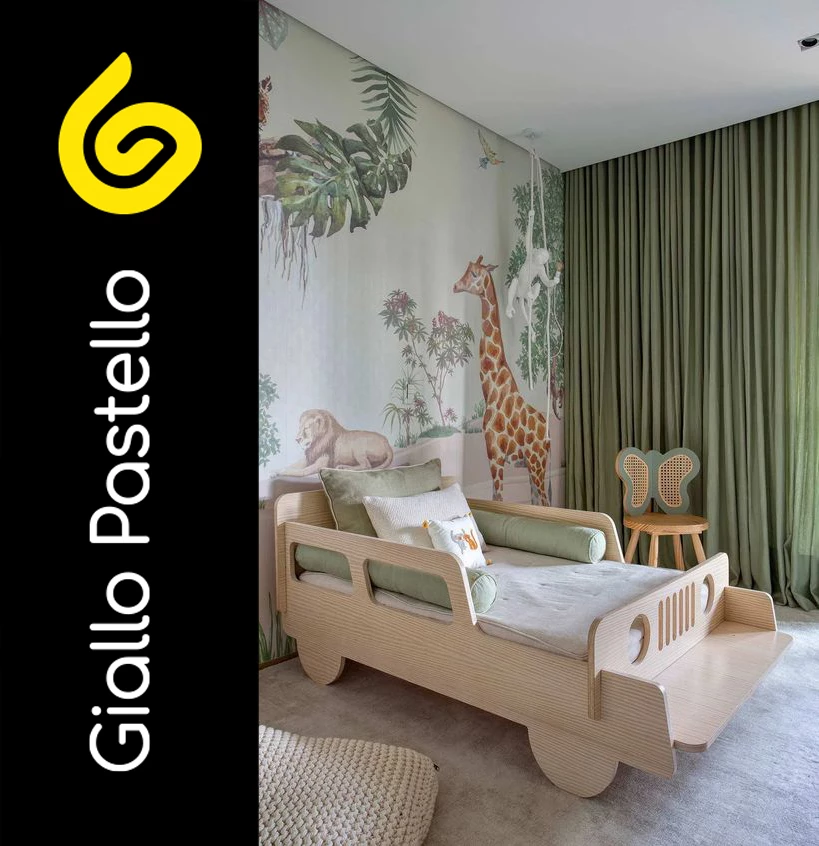 Carta da parati bambini con giraffe e piante - Giallo Pastello Interior Design Brescia