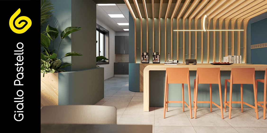 Rendering dettaglio zona bar - Arredo Ufficio - Giallo Pastello Interior Design Brescia