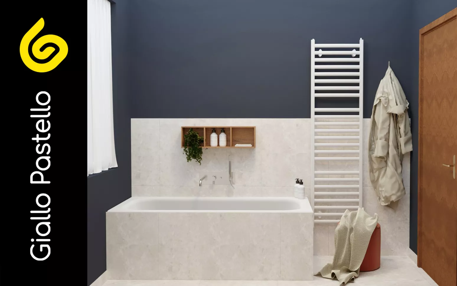 Rendering 3D: bagno blu - Rinnovo Appartamento - Giallo Pastello Interior Design Brescia