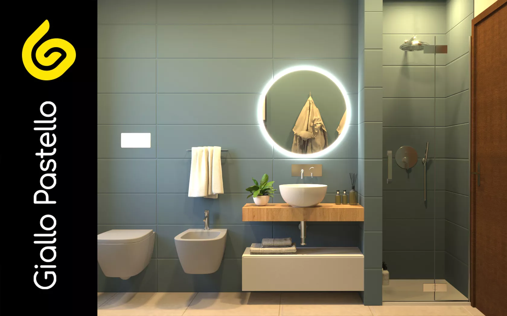 Rendering 3D: bagno con doccia - Rinnovo Appartamento - Giallo Pastello Interior Design Brescia