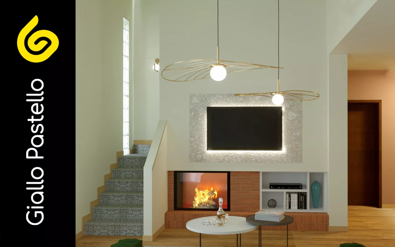 Rendering 3D: camino e salotto  - Rinnovo Appartamento - Giallo Pastello Interior Design Brescia