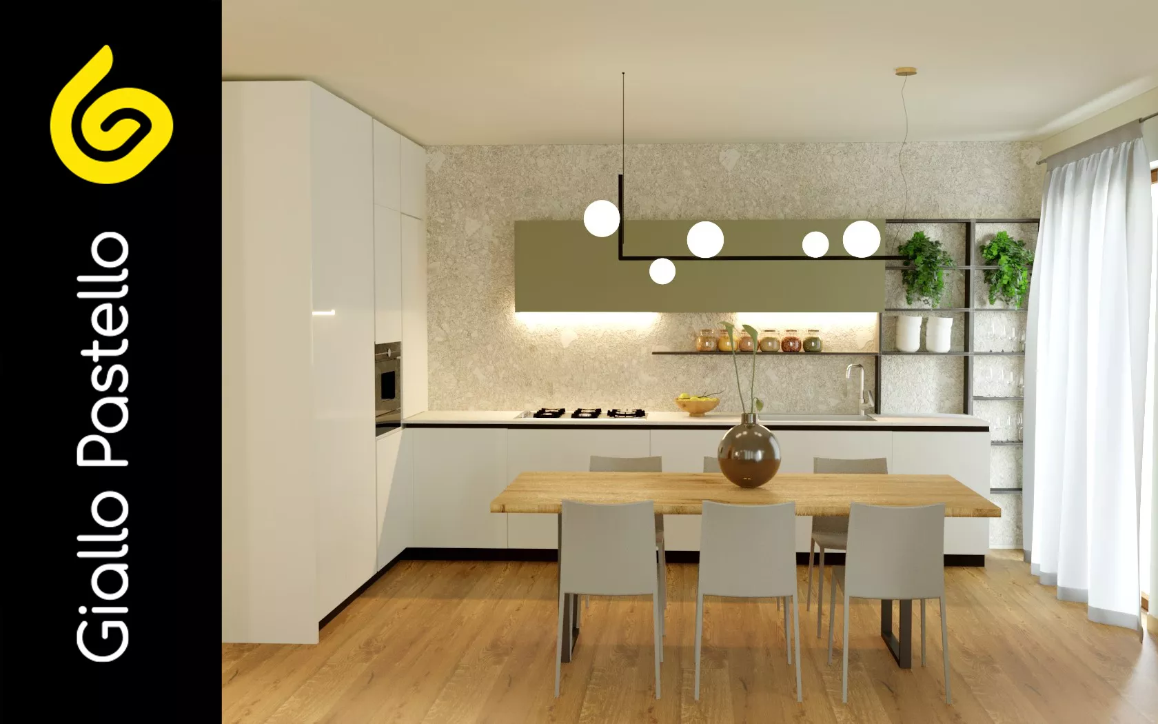 Rendering 3D: cucina  - Rinnovo Appartamento - Giallo Pastello Interior Design Brescia