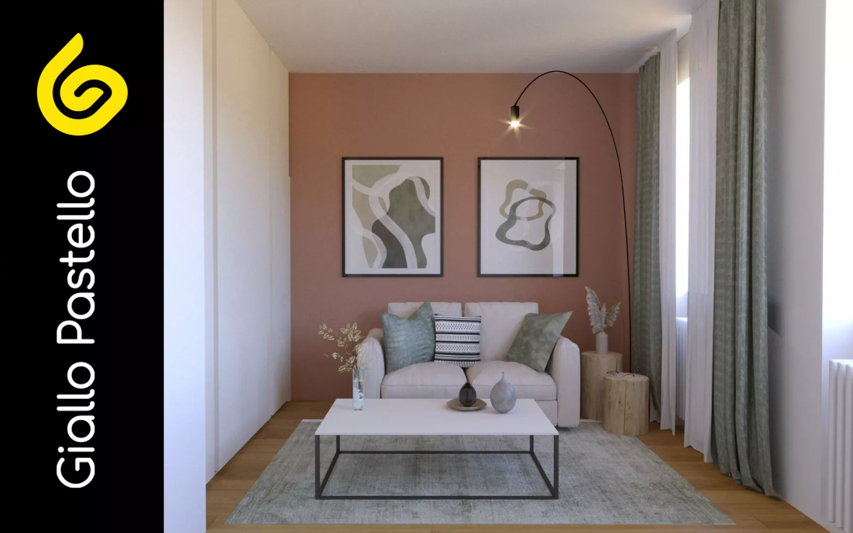 Rendering 3D: salotto rosa piccolo  - Rinnovo Appartamento - Giallo Pastello Interior Design Brescia