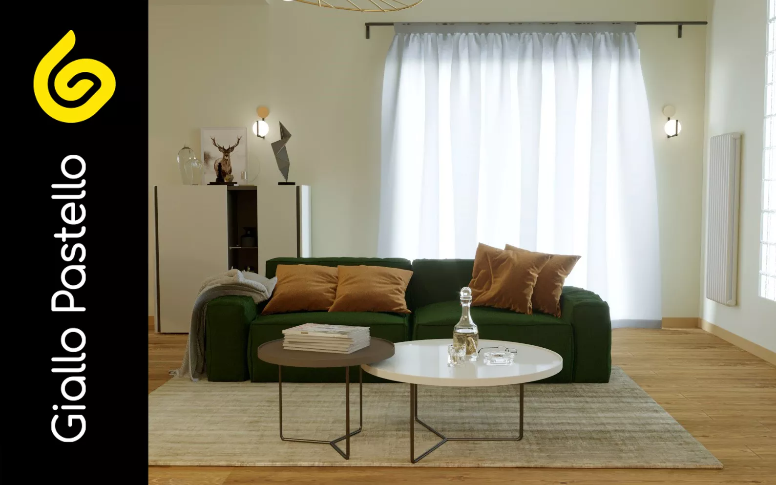 Rendering 3D: divano verde - Rinnovo Appartamento - Giallo Pastello Interior Design Brescia