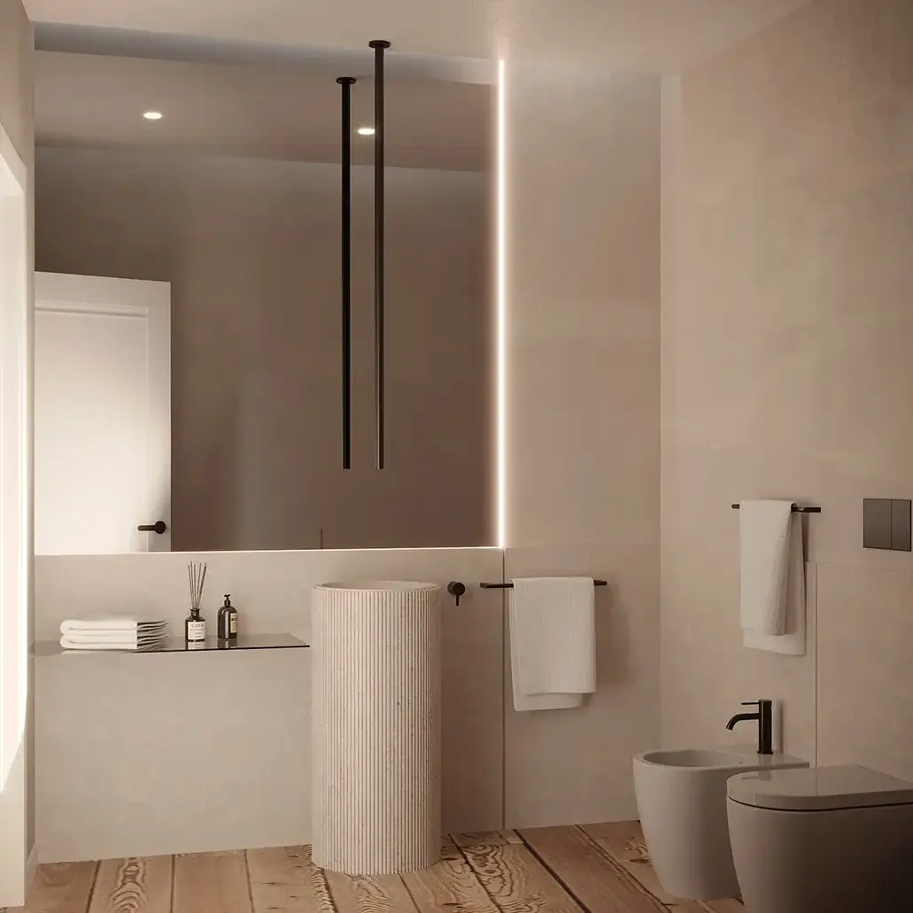 Ristrutturazione bagno Brescia: bagno con lavandino di design a caduta acqua - Giallo Pastello Interior Design Brescia Ristrutturazione bagno Brescia: bagno con lavandino di design a caduta acqua - Giallo Pastello Interior Design Brescia