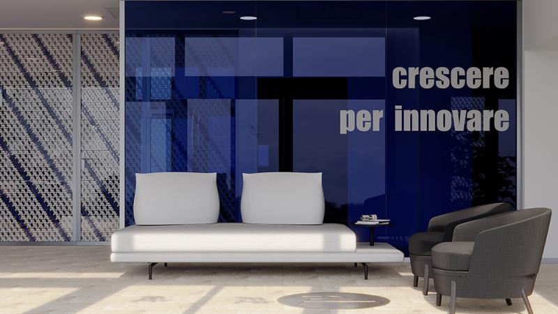 Progettazione di un ufficio innovativo: scrivania con logo - Giallo Pastello Interior Design Brescia Milano