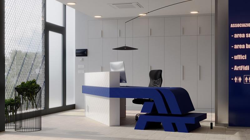 Progettazione di un ufficio innovativo: scrivania con logo - Giallo Pastello Interior Design Brescia Milano
