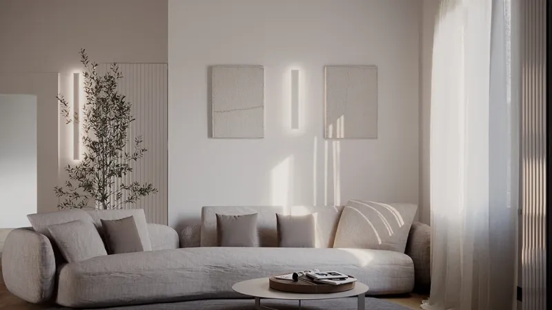 Restyling Living: Stile Japandi, parete decorata con camino e tv - Giallo Pastello Interior Design