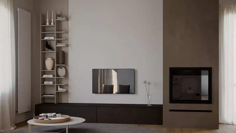 Restyling Living: Stile Japandi, parete decorata con camino e tv - Giallo Pastello Interior Design