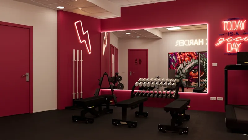 Palestra: dove l’energia incontra il design, palestra e sala allenamento - Giallo Pastello Interior Design