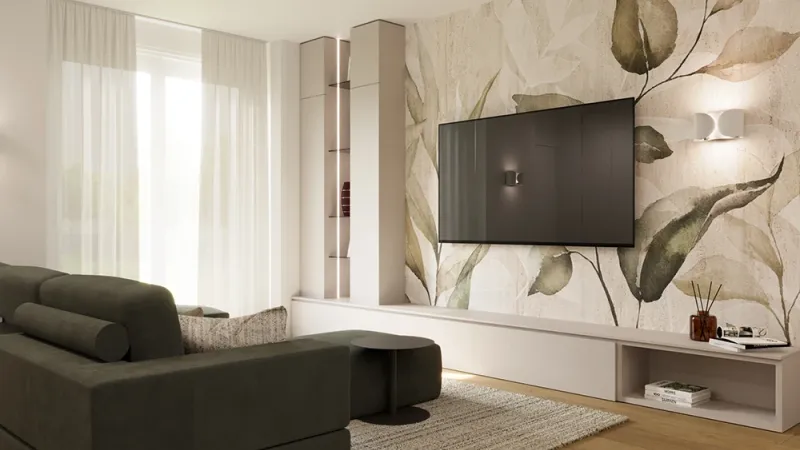 Arredamento Open Space: zona relax con televisione - Giallo Pastello Interior Design