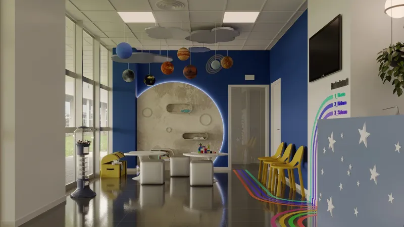 Corridoio con pareti colorate e luce soffusa - Studio dentistico bambini Abracadabra - Giallo Pastello Interior Design